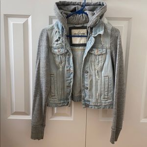 Denim jacket with sweatshirt like sleeves/hood